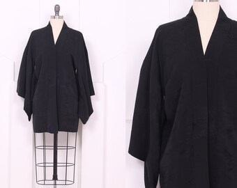 Vintage Black Embossed Landscape Haori Kimono • Short Black Silk Robe