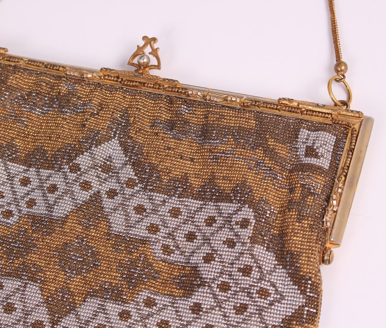 Vintage 1920's Gold Art Deco French Handbag 20's White & Gold Beaded Fringe Purse image 4