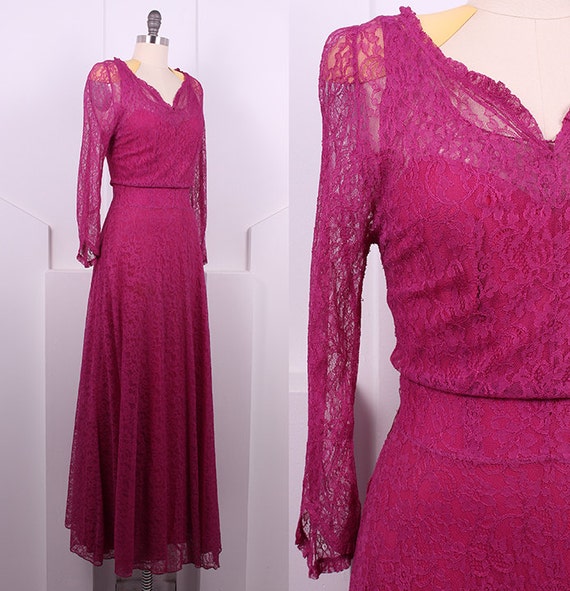 Vintage 1930's Bias Cut Lace Berry Dress • 30s Lon
