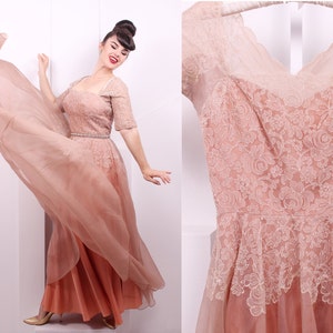 Vintage 1950's Cafe Au Lait Organza and Lace Gown • 50's Floral Lace Prom Dress • Size S