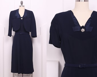 Vintage 1940's Harwyn Navy Suit Set • 40's Designer Rayon Jacket & Dress Set • Size S/M