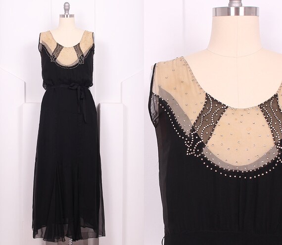 Vintage 1920's Black Silk Chiffon Chemise • 20's S