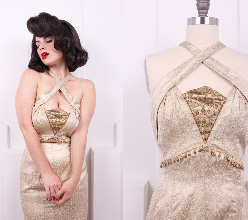 Vintage 1950's Real Gold Beaded Silk Brocade Cocktail Dress • 50's Gold & Cream Wiggle Dress • Size S 