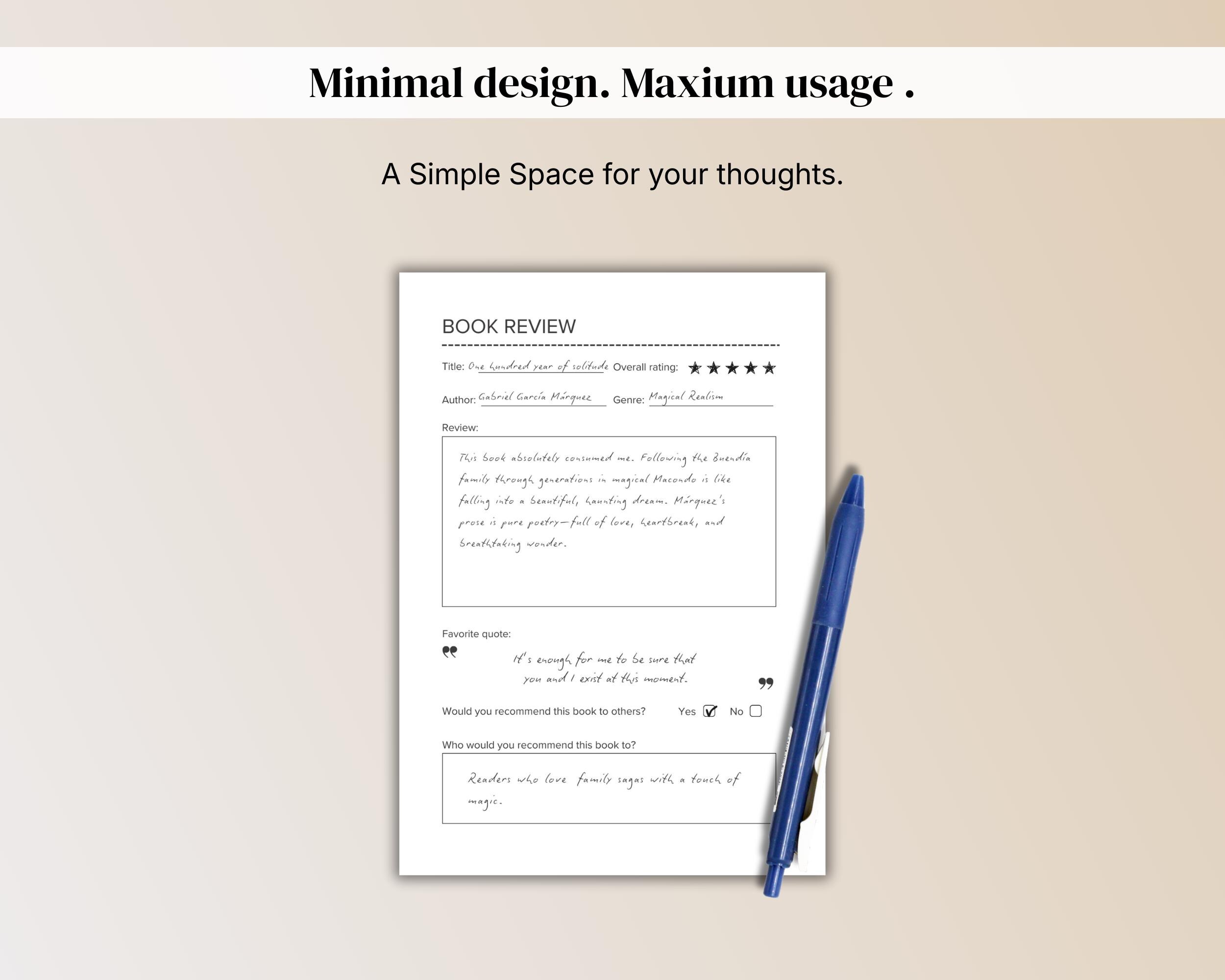 Minimalist Book Review Template: Reading Journal (A4/A5 Printable PDF ...