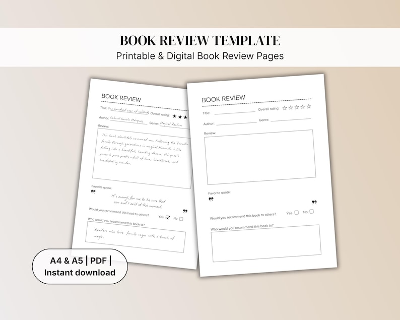 Minimalist Book Review Template: Reading Journal (A4/A5 Printable PDF ...