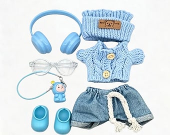 Ropa para muñecas de 17 cm, crochet, conjunto azul, compatible con LABUBU versión 3/2/1, clásicos de la moda, comodidad, minimoda, accesorios para muñecas, OOTD para muñecas