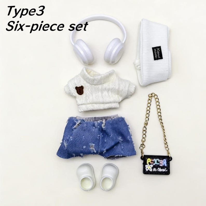 Conjunto de ropa de muñeca de crochet hecho a mano: apto para muñecas de 17 cm, minimoda, accesorios para muñecas, atuendo para muñecas. imagen 7