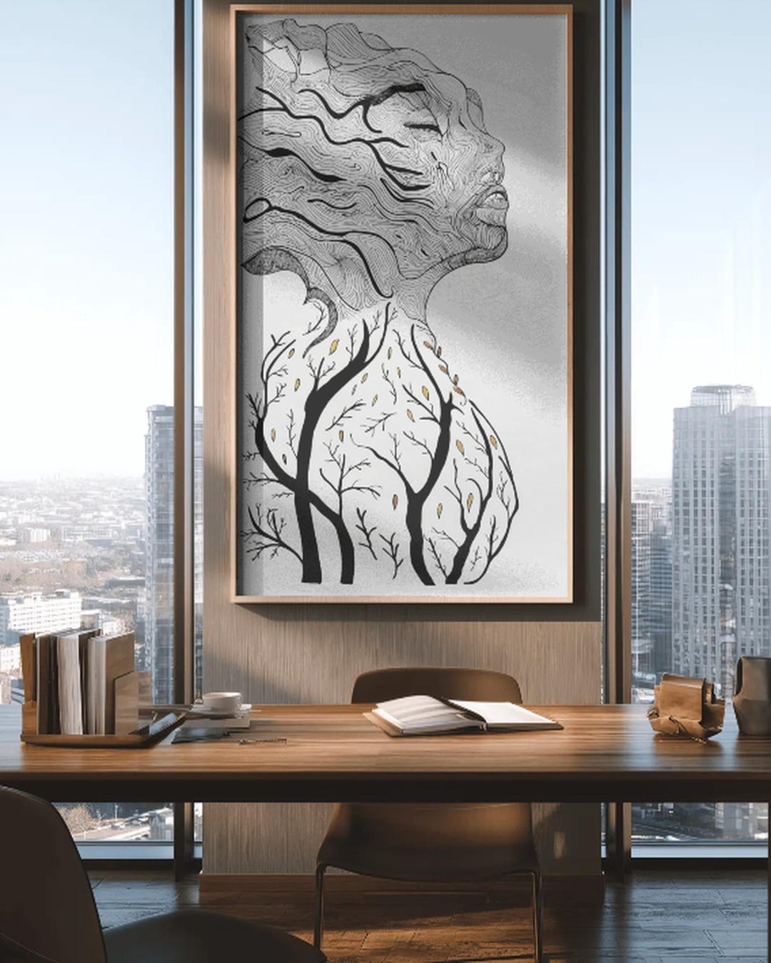 Abstract Woman Tree Art Print, Beige Black Floral Lines (digital ...