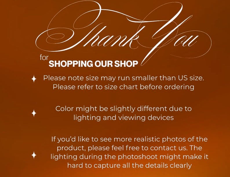 Pu&ograve; includere: Sfondo marrone con testo bianco: "Thank You for SHOPPING OUR SHOP." Ulteriori informazioni su taglie e variazioni di colore dovute all'illuminazione. Contattaci per altre foto.