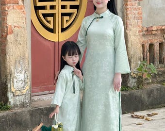 Mom and Daughter Ao Dai Matching Dress with Pants - Vietnamese Lunar New Year Outfit