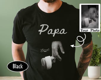 Custom Papa Hand Holding Baby Shirt, Personalized Father Photo Tee, Fathers Day Gift for Papa, Custom Kids Name Shirt, New Dad Gift