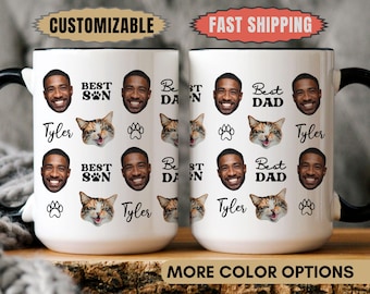 Personalized Cat and Dad Face Cup, Custom Pet Photo Mug, Funny Gift For Cat Dad, Pet Lover Coffee Mug, Customizable Gift For Him Or Her