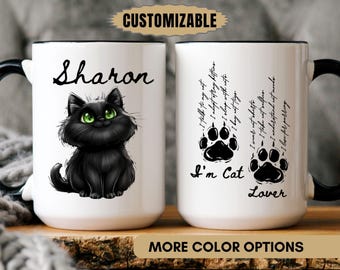 Personalized Cat Lover Mug With Name, Funny Pet Parent Gift, Black Kitten Design Coffee Cup, Custom Cat Mom Mug, Black Cat Coffee Cup