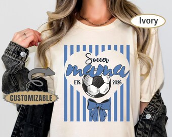 Personalized Soccer Mama Shirt Custom Name Number Bow Stripe Game Day Tee Comfort Colors® Soccer Mom Gift Mothers Day Shirt Women Supporter