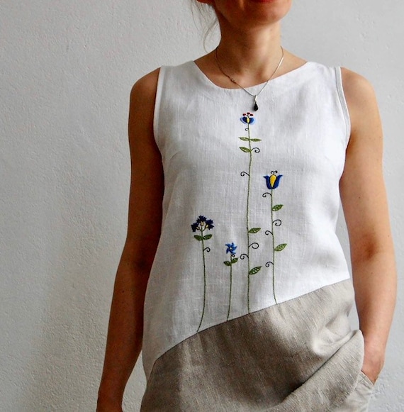 Sleeveless Linen Tank Top. White Linen Top for Summer. Handmade Linen  Clothing for Women. Handmade Embroidery. Kashubian Style. -  Canada