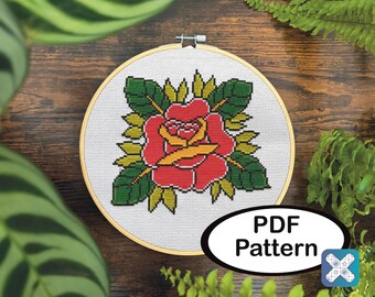 Traditional Rose Tattoo Cross Stitch Pattern • Old School Floral Embroidery (PDF Download)