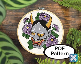 Hannya Mask Cross Stitch Pattern • Japanese Oni PDF • Instant Download • Floral Demon Embroidery • Modern Tattoo Style Stitch • Pattern Keep