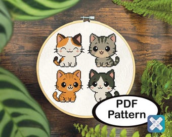 Kitten Cross Stitch Pattern | Four Cats, Beginner Embroidery (PDF Download)