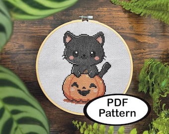 Black Cat Halloween Cross Stitch PDF • Cute Pumpkin Pattern • Beginner Counted Cross Stitch Chart • Instant Download
