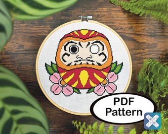 Daruma Tattoo Cross Stitch Pattern • Floral Japanese Embroidery (PDF Download)