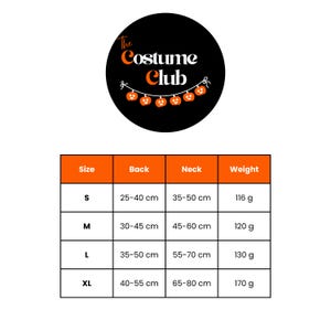 May include: A black circular logo with the text "The Costume Club" and a string of orange pumpkin lights. Below is a size chart with measurements in centimeters and weights in grams for pet costumes, including sizes S, M, L, and XL.