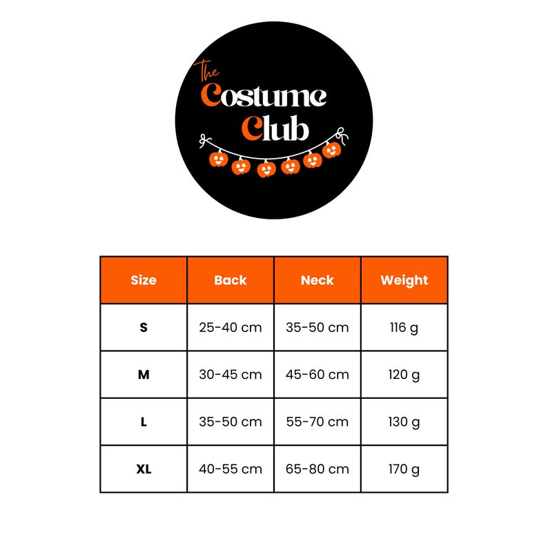 May include: A black circular logo with the text "The Costume Club" and a string of orange pumpkin lights. Below is a size chart with measurements in centimeters and weights in grams for pet costumes, including sizes S, M, L, and XL.