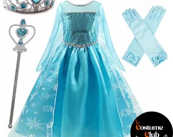 Die Eiskönigin Prinzessin Kleid für Mädchen - Elsa Kostüm mit Krone, Handschuhen und Zauberstab (3T–9T)