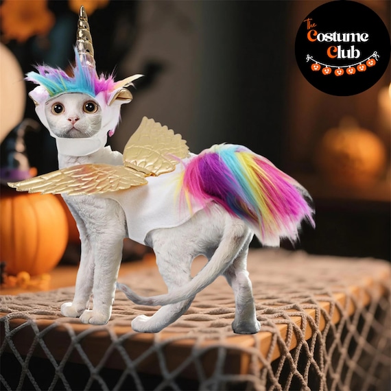 Unicorn Cat Costume, One Size Cat Halloween Outfit with Gold Wings & Rainbow Tail