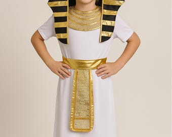 Pharaoh Costume, Halloween kids costume, Egyptian King Outfit with Golden Headpiece & Belt
