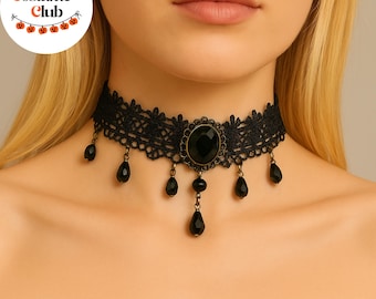Black Lace Gothic Choker Necklace, Victorian Vampire Jewelry for Halloween
