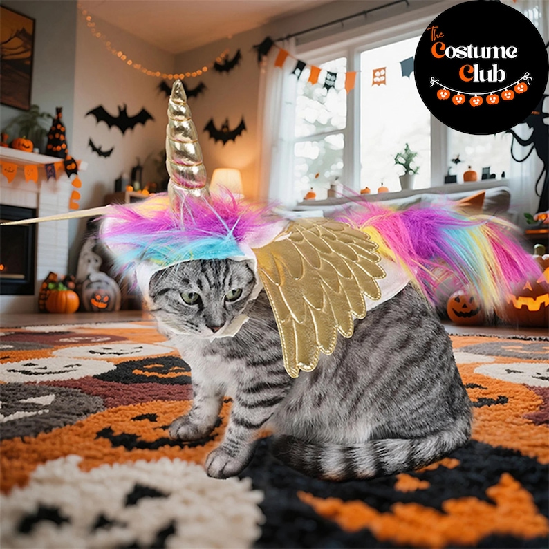 May include: A gray tabby cat wearing a unicorn costume with a gold horn, rainbow mane, and gold wings. The cat is sitting on a Halloween-themed rug with jack-o'-lanterns and other decorations. The Costume Club logo is in the background.