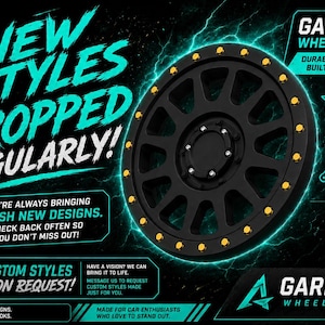 May include: A black wheel cover with gold-colored bolts, featuring the text "NEW STYLES DROPPED REGULARLY!" and "GARBAGE WHEEL MODS" against a dark background with teal lightning effects. The graphic includes icons for rugged design and installation.