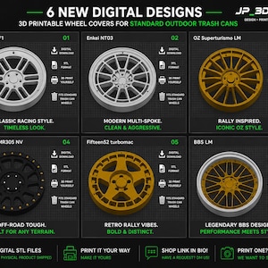May include: A digital catalog titled 6 NEW DIGITAL DESIGNS featuring six 3D printable wheel covers for standard outdoor trash cans. The designs include Enkei RPF1, Enkei NT03, OZ Superturismo LM, Method MR305 NV, Fifteen52 turbomac, and BBS LM styles.