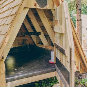 May include: A-frame wooden chicken coop with an open door. The coop has a shingled roof, a circular screened vent, and a dark interior. A red and white feeder is visible inside. The coop is surrounded by greenery.