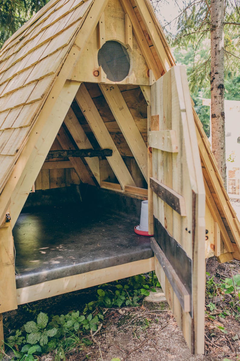 May include: A-frame wooden chicken coop with an open door. The coop has a shingled roof, a circular screened vent, and a dark interior. A red and white feeder is visible inside. The coop is surrounded by greenery.