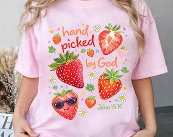 Coquette Strawberry PNG Hand Picked by God, Striped Summer Floral Design, Retro Christian Faith Graphic PNG Digital Download