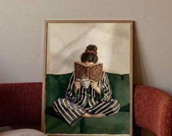 Szmaragdowo-zielona grafika ścienna dla miłośników książek, wydruk z czytającą kobietą, przytulna, estetyczna dekoracja sypialni, plakat z książkami i kawą, sztuka Dark Academia