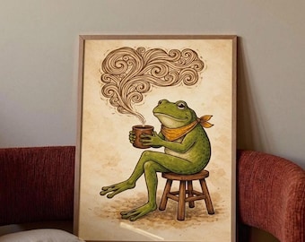 Impressão divertida de um sapo tomando café, arte de parede com sapo em estilo cottagecore, pôster de animal lúdico, presente aconchegante para amantes de café, arte de sapo com bandana