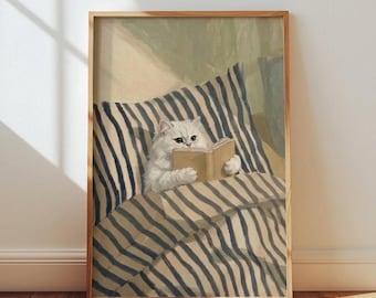 Quadro de parede com gato persa branco lendo na cama, ilustração aconchegante de manhã, presente para amante de gatos fofinhos, decoração suave para quarto com luz solar, estético