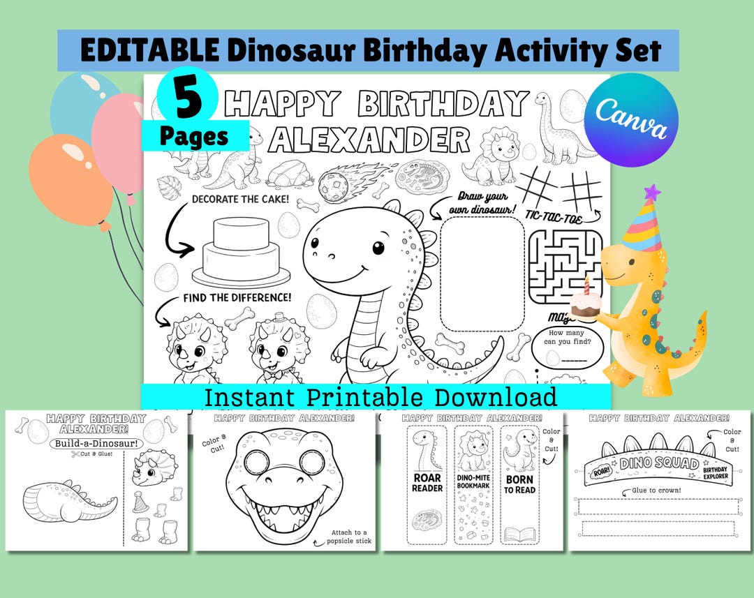 Personalized Dinosaur Birthday Coloring Activity Placemat Set - Etsy