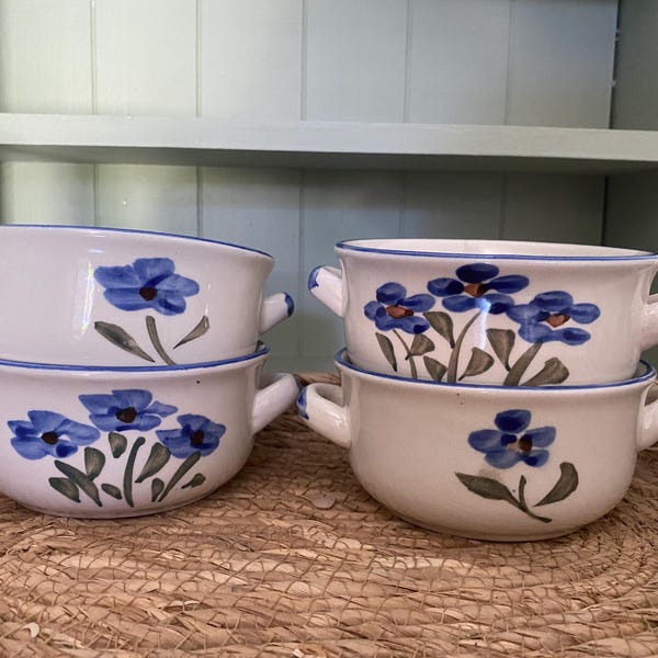 Set of 4 charming soup bowls with handles and hand painted flowers
