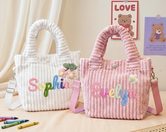 Spersonalizowana torebka na ramię dla malucha, spersonalizowana torebka z kordu dla malucha, prezent dla dziewczynki sypiącej kwiaty