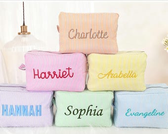 Personalized Striped Makeup Bag, Custom Name Cosmetic Pouch, Bridesmaid Gift