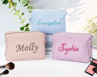 Personalized Striped Makeup Bag, Custom Embroidered Cosmetic Pouch