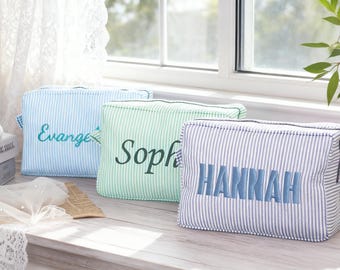 Personalized Striped Makeup Bag, Custom Cosmetic Pouch, Bridesmaid Gift