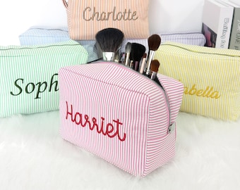 Personalized Striped Makeup Bag, Custom Monogram Cosmetic Pouch