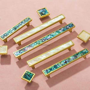Tiradores de gabinete de concha natural, manijas de perillas de cajón de color blanco y verde: tiradores de puerta de decoración artística