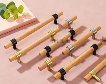 ウォールナットブナ材の引き出し用取っ手ノブ、木製キャビネットハンドル：真鍮製ブラックニッケルのドア用取っ手金具