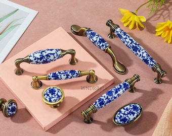Floral Ceramic Cabinet Pulls, Blue and White Porcelain Drawer Knobs handles , Decorative Pulls Hardware