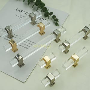 Square Acrylic Cabinet Pulls: Modern Drawer handles, Gold Silver base door pulls hardware